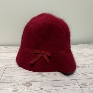 GAP Womens Red Angora Wool Blend Cloche Hat Bow Size S M Coquette